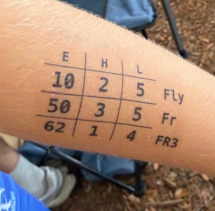 Marking grid applied to a swimmer's forearm